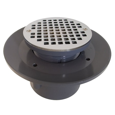 Jones Stephens 3in. x 4in. Heavy Duty PVC Slab Drain Base with 3in. Plastic Spud and 6in. Chrome Plated Strainer D49411